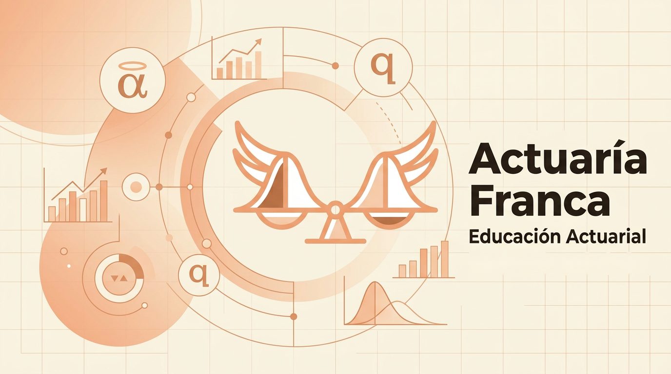 Ilustración de Actuaría Franca: la balanza con alas rodeada de curvas, gráficos y símbolos actuariales